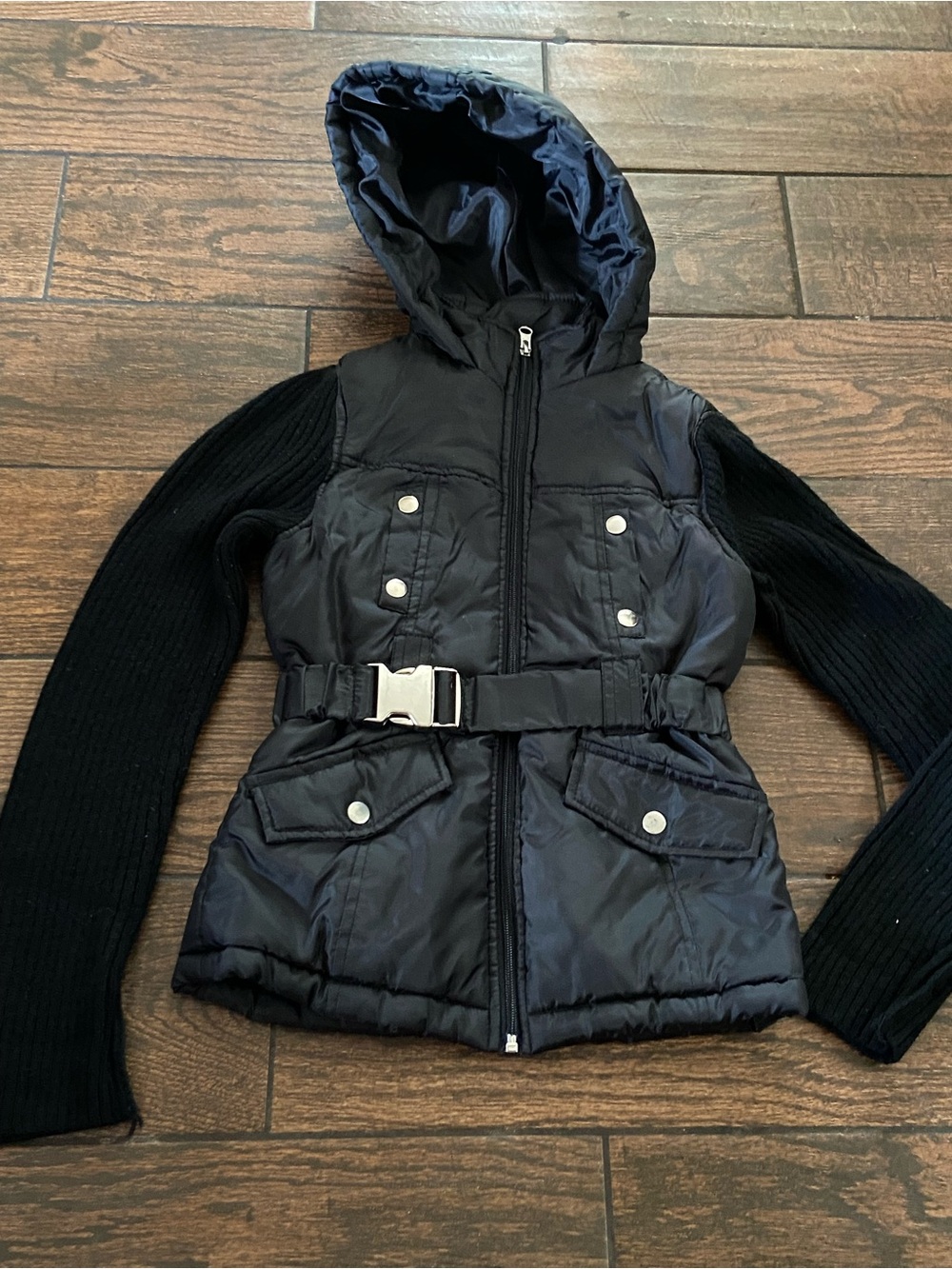 Jou Jou Black Hooded Puffer Jacket with Knit Sleeves and Belt